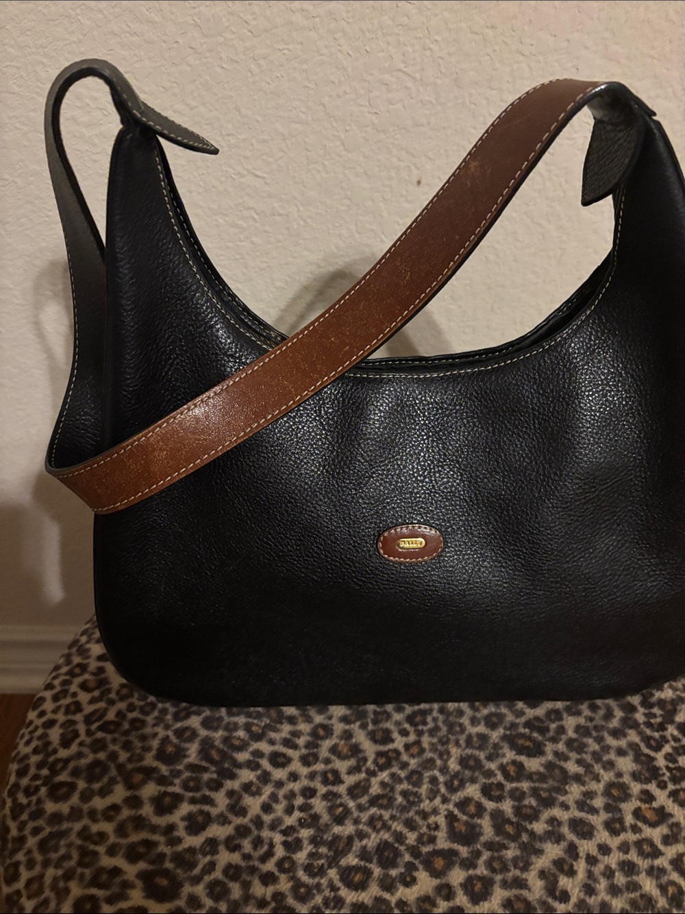 Bally Black Leather Shoulder Bag with Brown Strap